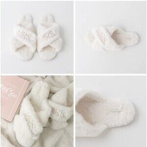 Miss To Mrs® Ivory Fluffy Bridal Slippers Metallic Gold "MRS" Size Medium